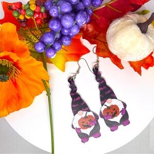 Purple, orange, black, white Halloween gnome theme faux leather dangle earrings